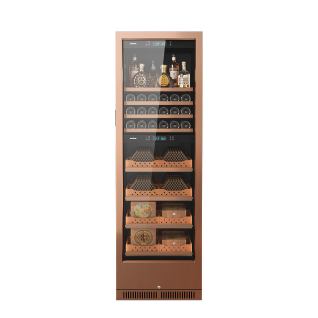 JS175 Gabinete de vino y puros con compresor dual de temperatura dual, oro rosa, puso 800 cigarros y 80 botellas